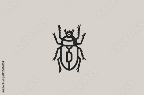 Stylized, symmetrical beetle drawing in black line art on a light grey background