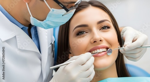 Dentist Examines Happy Patient Healthy Bright Smile