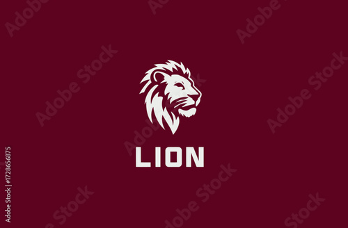 White lion profile with mane and "LION" text on dark maroon background