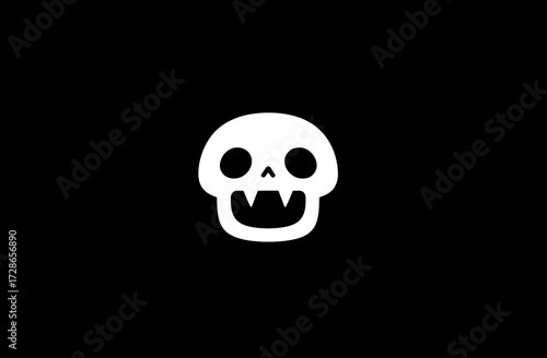 A white skull with fangs and two eye sockets on a black background