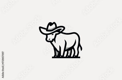 Cartoon bull wearing a cowboy hat stands on a flat surface, outlined