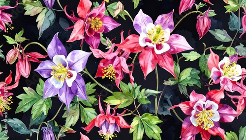 Watercolor floral pattern featuring vibrant columbine flowers in shades of red, purple, and white, on a dark background