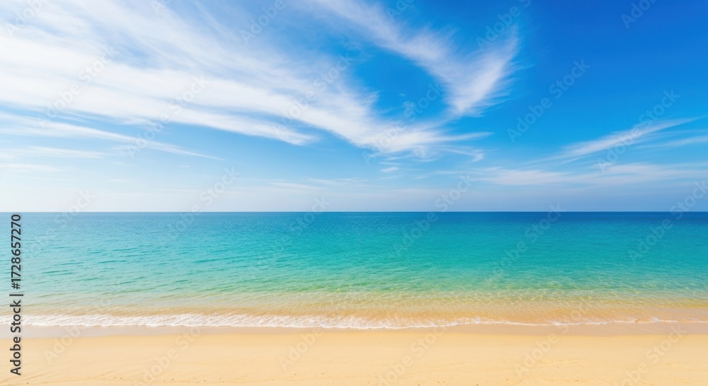 Fototapeta premium Serene beach landscape with turquoise ocean and wispy clouds under blue sky