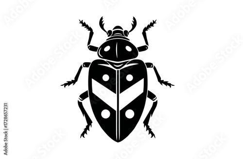 Black silhouette of beetle with white stripes, dots, and legs extended on white