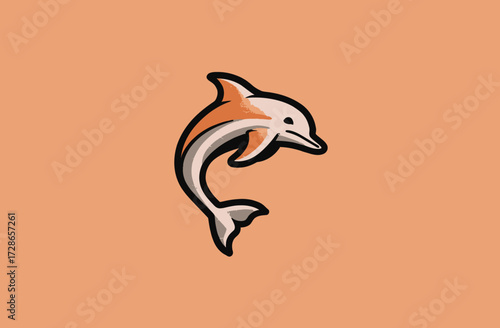 Cartoonish dolphin jumping upward with textured shading, isolated on a salmon background