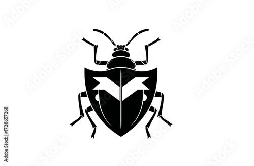 Bold silhouette of a beetle with a patterned shield-like body, black on a white background