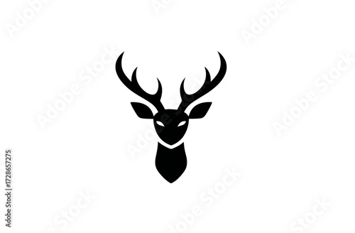 Simple graphic of a black deer head with large antlers on a white background