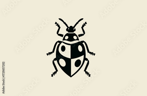 Graphic black vector ladybug on light background, wings divided in yin-yang pattern