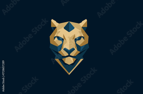 Geometric lion head on a dark navy background using gold and dark blue facets