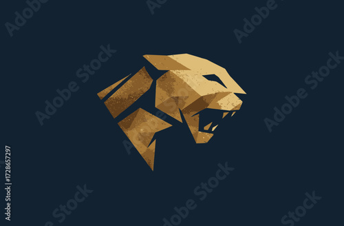 Angular golden lion head on dark blue background, faceted geometric design, roaring form