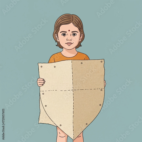 A young girl stands holding a shield, looking directly at the viewer with a neutral expression.