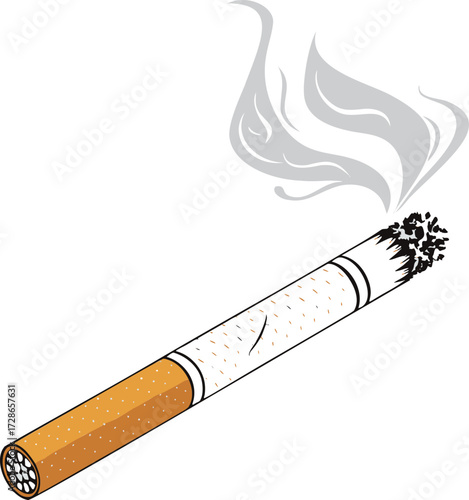 Burning cigarette with white smoke rising on a white background smoking tobacco
