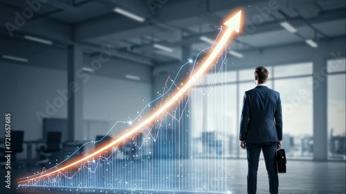 Businessman walking toward and interacting with a glowing financial growth chart depicting success and progress in an office setting, footage