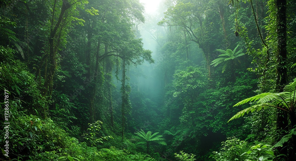 Fototapeta premium Lush Green Rainforest Misty Morning Tranquil Tropical Jungle Scene