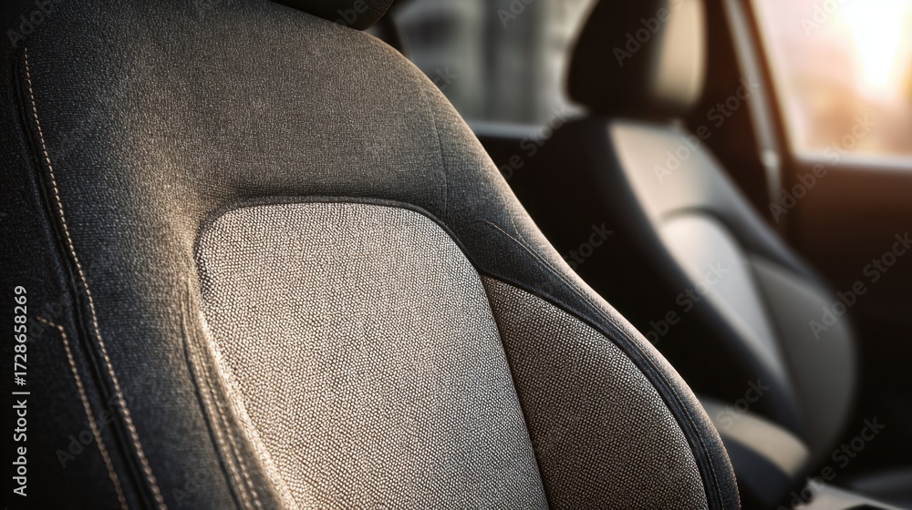 Fototapeta premium Car Seat: The image unveils the intricate design and texture of a car seat, showcasing its curves, the interplay of materials, and attention to detail.
