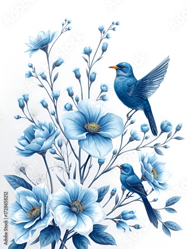 Elegant Blue Flowers and Birds - Nature-Inspired Botanical Illustration for Home Decor