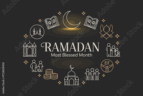 Ramadan Festival Ornaments with Topi, Lanterns, and Quran Elements
