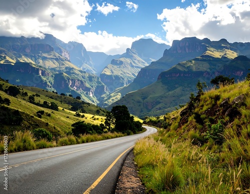 Winding road through a mountainous valley, sunlit slopes and dramatic peaks