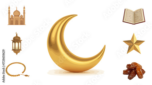 Ramadan Festival Ornaments with Topi, Lanterns, and Quran Elements