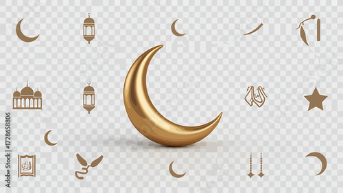 Ramadan Festival Ornaments with Topi, Lanterns, and Quran Elements