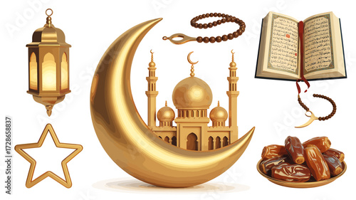 Ramadan Festival Ornaments with Topi, Lanterns, and Quran Elements