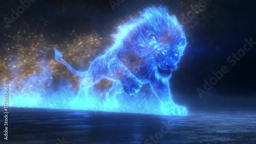 A powerful, glowing lion runs across a body of water, illuminated by ethereal blue fire.