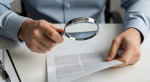 professional examining document with magnifying glass
