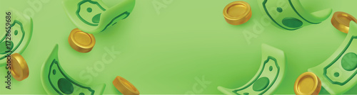 Gold coins with green paper dollars, Cashier s checks. Realistic 3d design in cartoon style. Business financial investment. Creative concept. Trade cash back. Save savings. Vector illustration