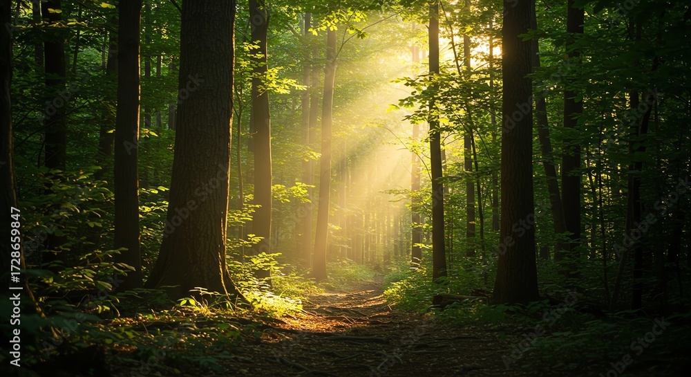 Fototapeta premium Sunlit Forest Path Peaceful Woods Mystical Light Nature Walk Scenery