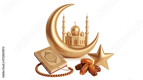 Ramadan Festival Ornaments with Topi, Lanterns, and Quran Elements