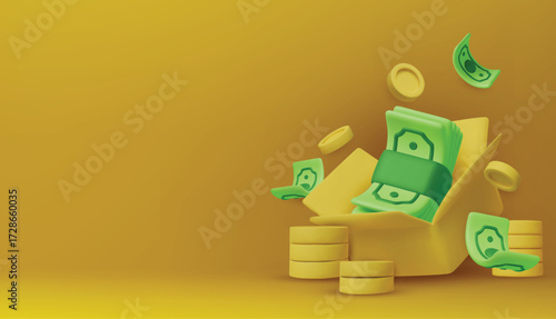 Gold coins with green paper dollars, Cashier's checks. Realistic 3d design in cartoon style. Business financial investment. Creative concept. Trade cash back. Save savings. Vector illustration