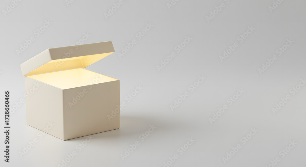 Obraz premium Open white gift box glowing from inside on light background 