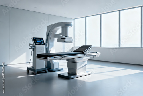 Modern medical imaging room with X-ray machine and patient table in a bright, clean clinical setting