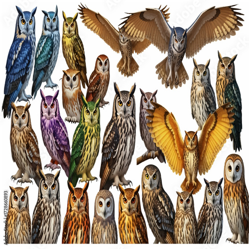 A group of owls—nocturnal birds with striking eyes and detailed feathers—perched together in natural forest habitat