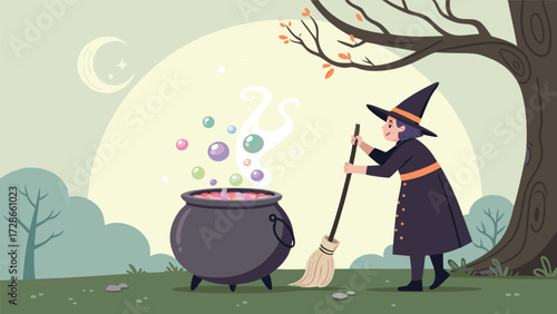 A Witch Stirs A Bubbling Cauldron Under A Crescent Moon In Flat Illustration