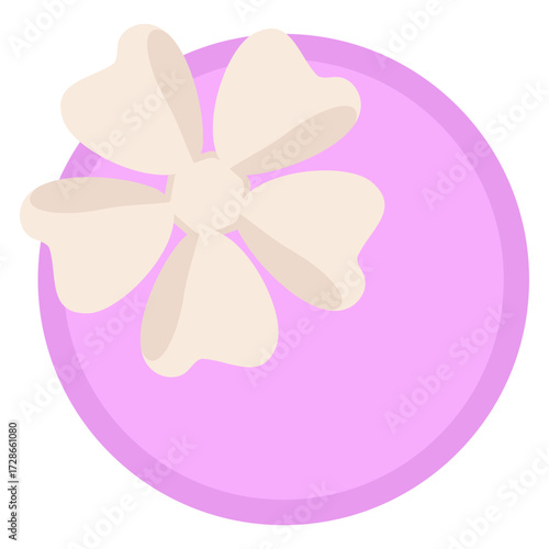 Round box in delicate lilac color is decorated with white silk bow. Isolated gift, top view. Minimalist wedding design. Vector gift for holidays, birthdays, anniversaries, and New Years