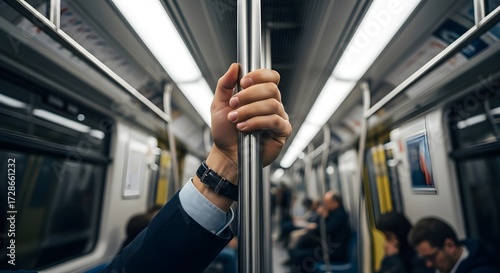 commuter's hand gripping pole inside subway train