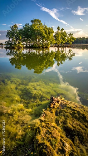 Calm lake with trees and reflection