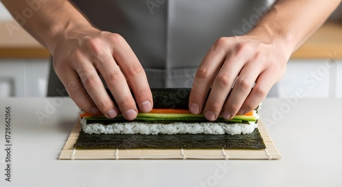 hands rolling sushi maki with fresh ingredients