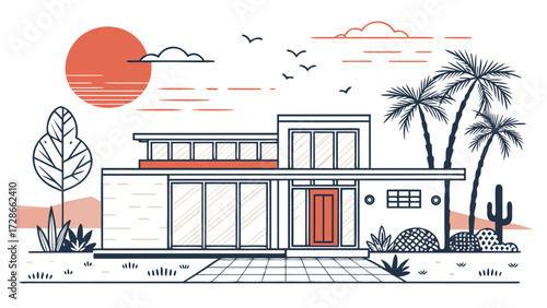 Stylized Mid Century Modern Home During Sunset Evoking A Peaceful Atmosphere