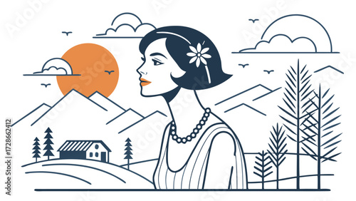 Elegant Woman Gazes At The Peaceful Mountain Scenery With A Retro Flair