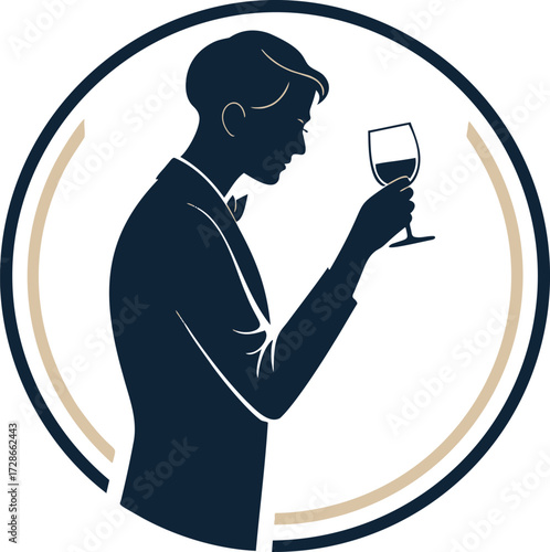 Silhouette man in tuxedo holding wine glass in circular frame vector