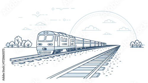 Stylized Passenger Train Is Speeding Through Countryside On Tracks Illustration