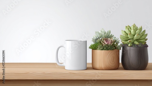 Wallpaper Mural A minimalist presentation of a white ceramic mug and succulent plants in wooden planters on a light wooden surface against a neutral background. Torontodigital.ca