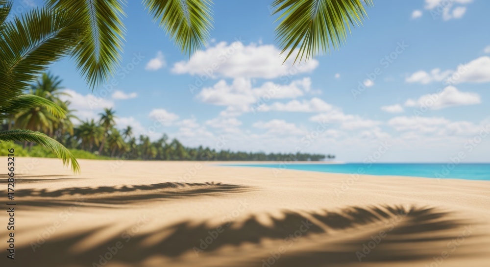 Fototapeta premium Tropical beach paradise serene ocean view palm trees swaying under a sunny blue sky