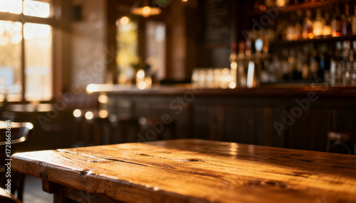 Warm rustic wooden tabletop in cozy bar interior with blurred background of shelves, bottles, and ambient light, inviting atmosphere for dining and socializing