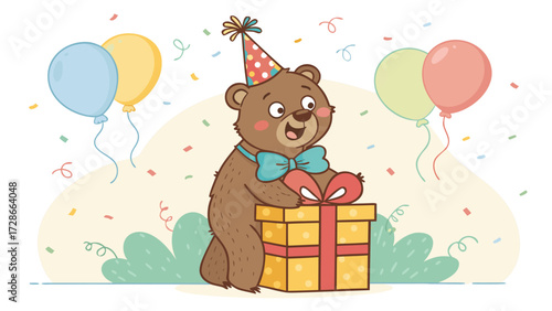 A Cartoon Bear With Party Hat Hugs A Gift Box Amid Balloons And Confetti