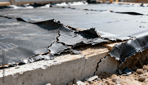 Closeup of cracked and damaged black waterproofing membrane on concrete foundation with exposed soil, construction defect, building damage, structural repair concept