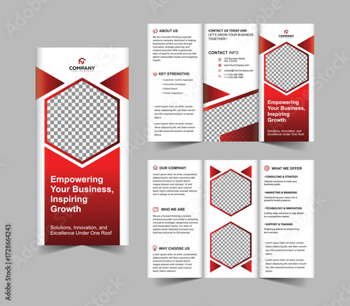 Modern and Creative Red Geometric Hexagon Trifold Brochure Design Professional Corporate Template