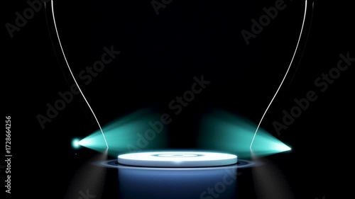 3D render of a glowing white circular stage with two bright teal spotlights shining on it, set against a dark, minimalist background. Ideal for product display, presentations, or futuristic concepts.